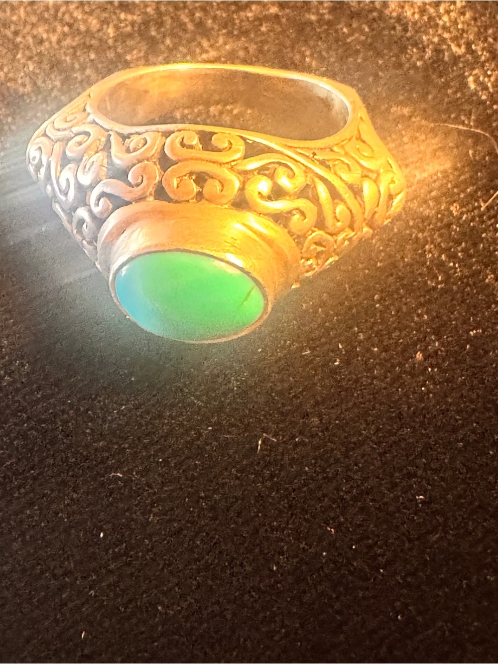 Sterling silver 925 Ornate Gold-Tone Ring with Green Cabochon